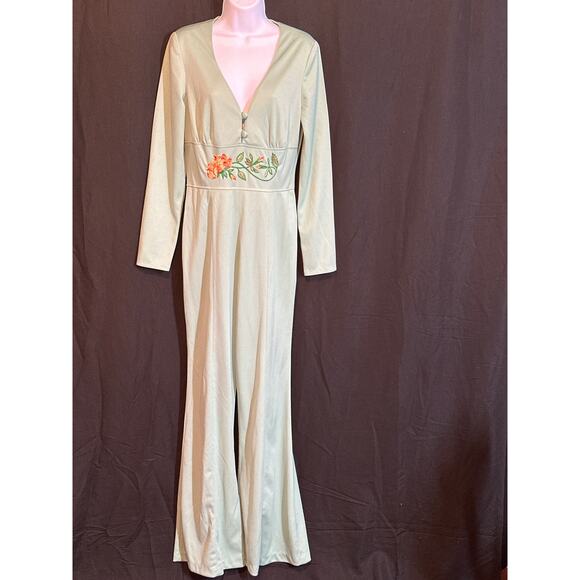 ESTINO VTG 60/70’s Disco Retro Lime Embroidered Flowers Flare Leg Jumpsuit 13/14 - Picture 1 of 16
